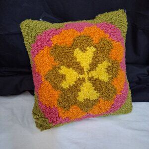 Homemade Latch Hook Mod Hippie vintage pillow bright colors 13”